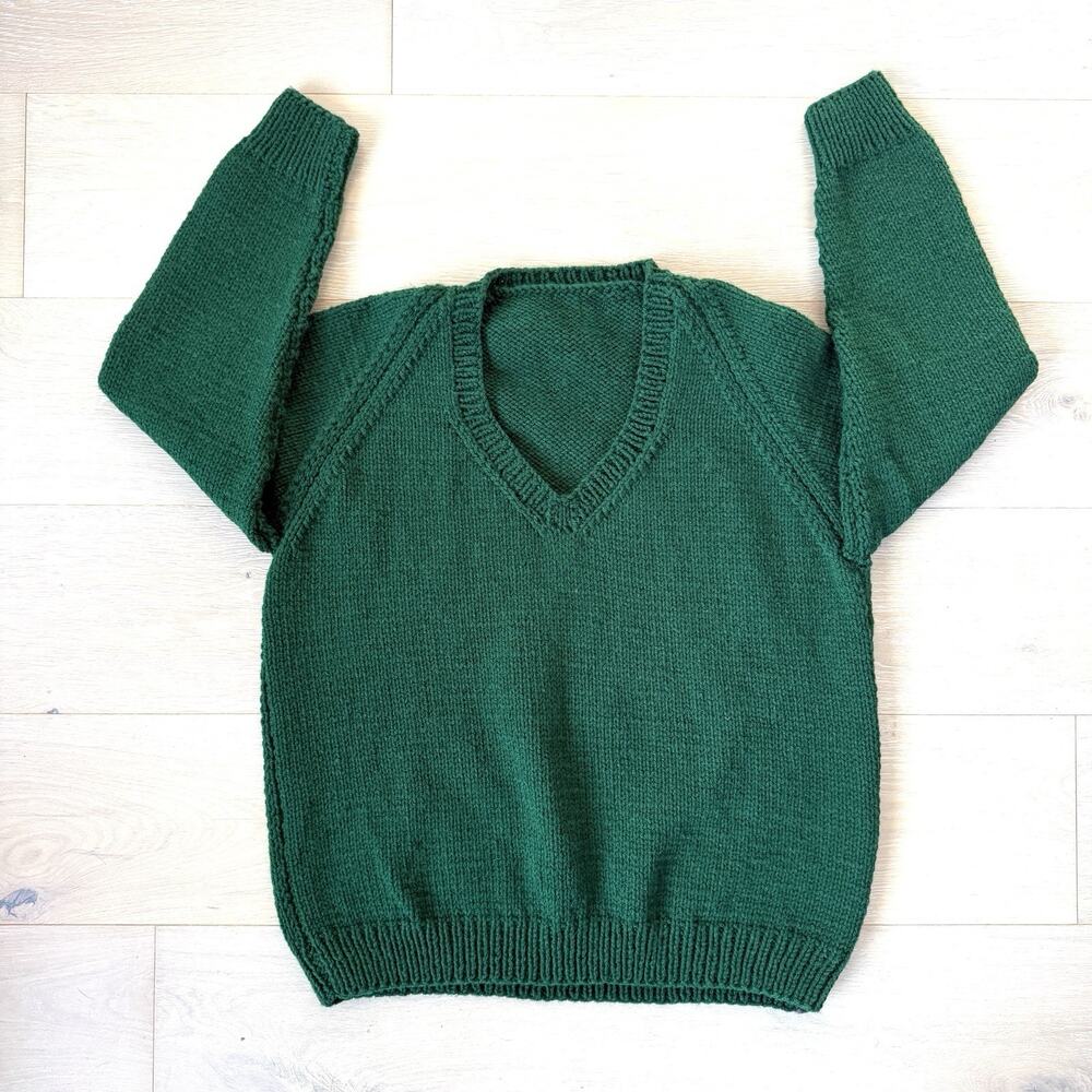 80s Vintage Handmade V-neck Sweater Green Pullover Knitted Preppy Top Sz Lg